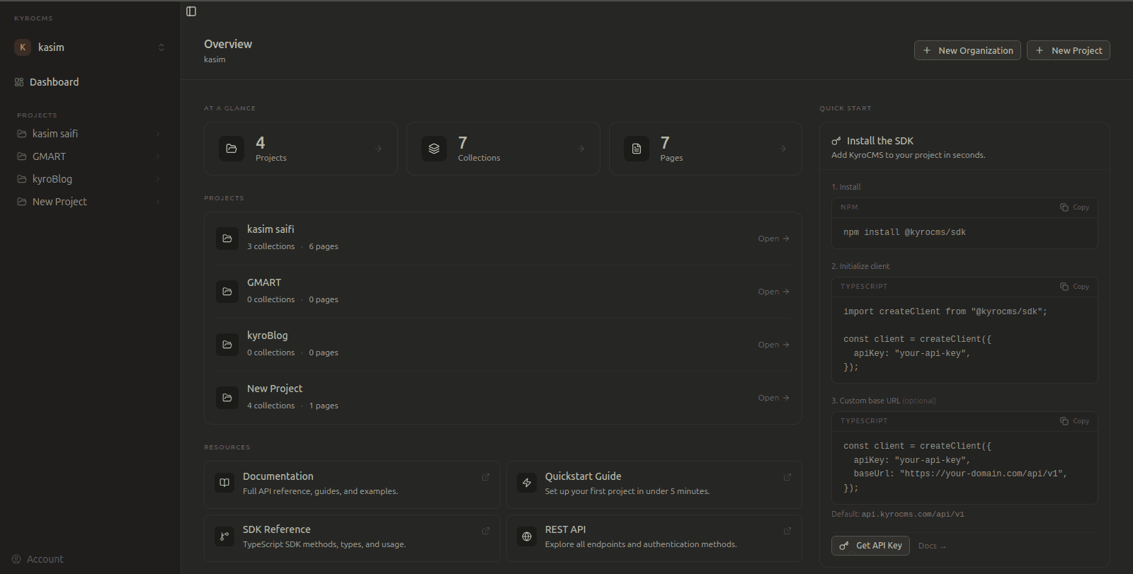 KyroCMS dashboard showing the overview with projects, collections and quick start guide